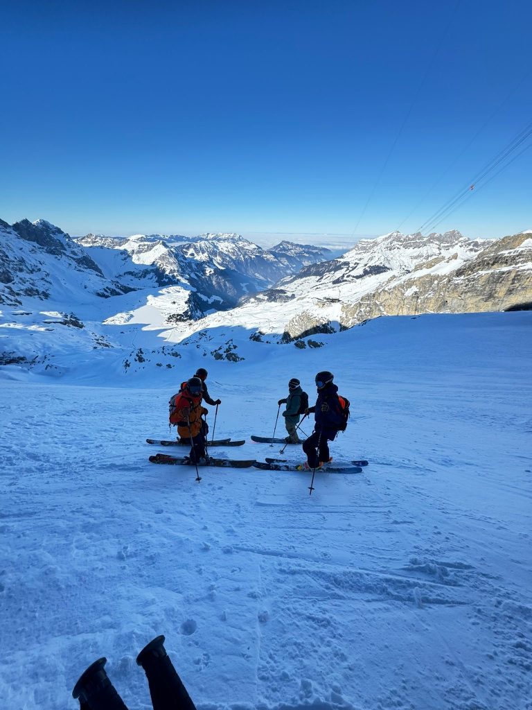 Skiers checking out their line. Safe snowpack allows for more exploring of the resort. Snow report Engelberg January 20th.