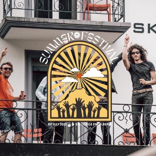 Ski lodge engelberg sumer festival logo, band on the balcony