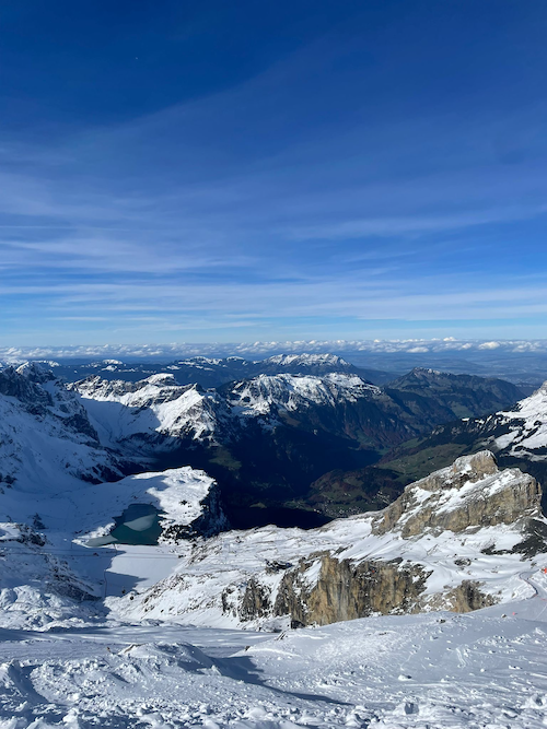 Engelberg from above, snow upp high and autumn in the valley